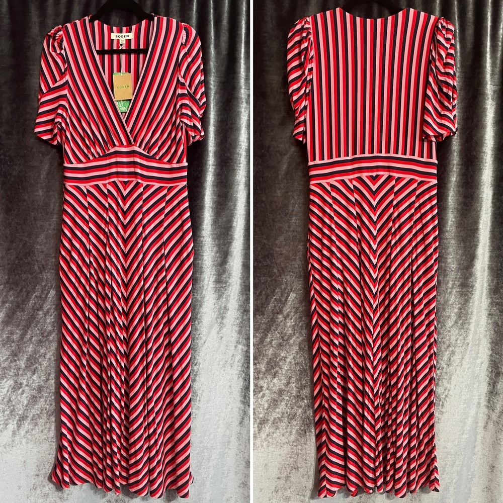 NWT Boden Kristen Pleated Jersey Dress Striped Red Pink Navy Romantic US 8R - Picture 3 of 15